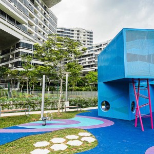 To play is to learn from mimicking each other. In few cases, this also applies to designing play. While most playgrounds are a contrast to their surroundings - in colour, shape and activity – the new Interlace playground is the mini-version of the surrounding residences.